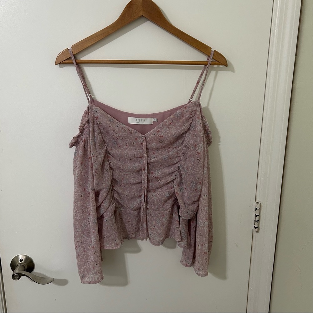 Astr Dusty Pink Off the Shoulder Long Sleeve Ruched Flowy Women's Crop Top